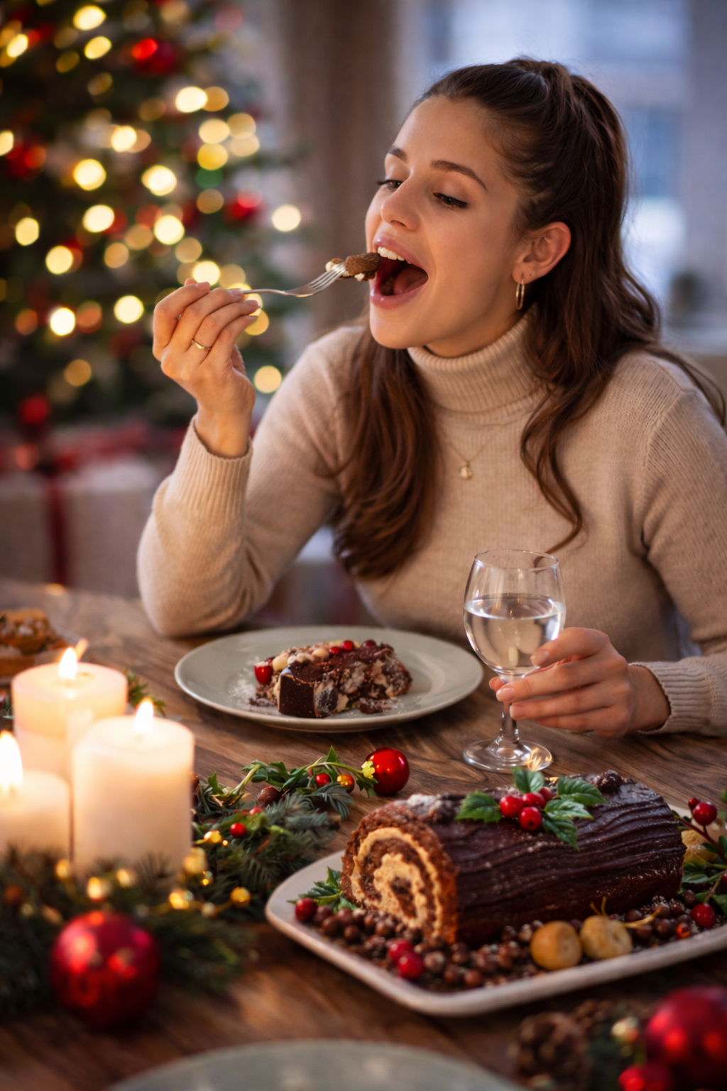 une femme qui mange à table pour noël  Image