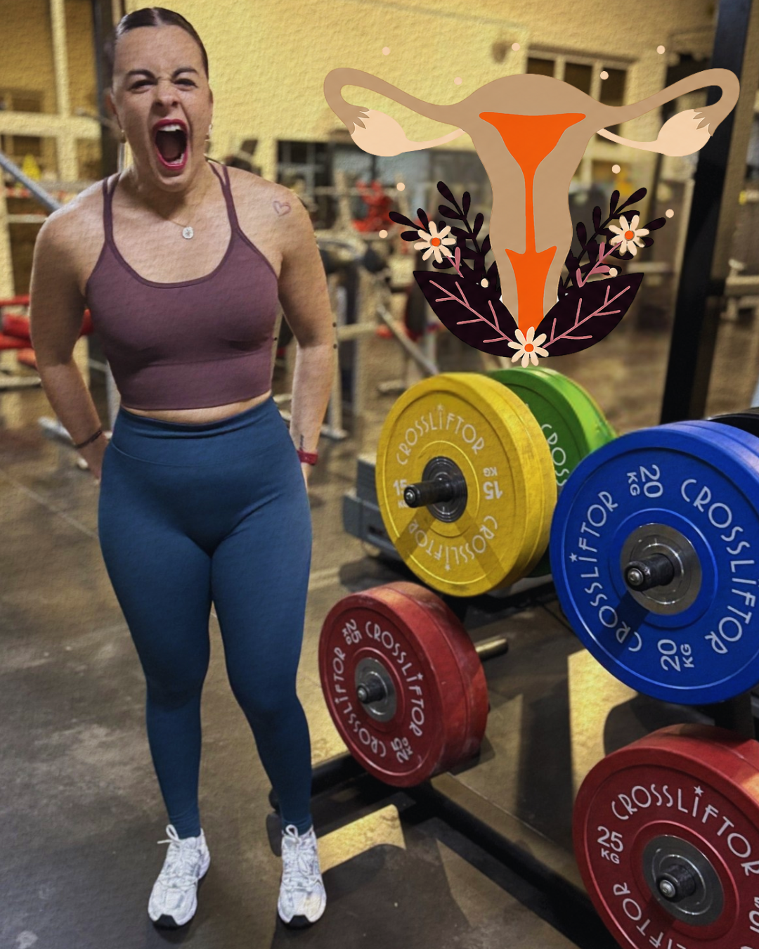 femme fatigué qui baille et qui a ses règles  dans une salle de musculation