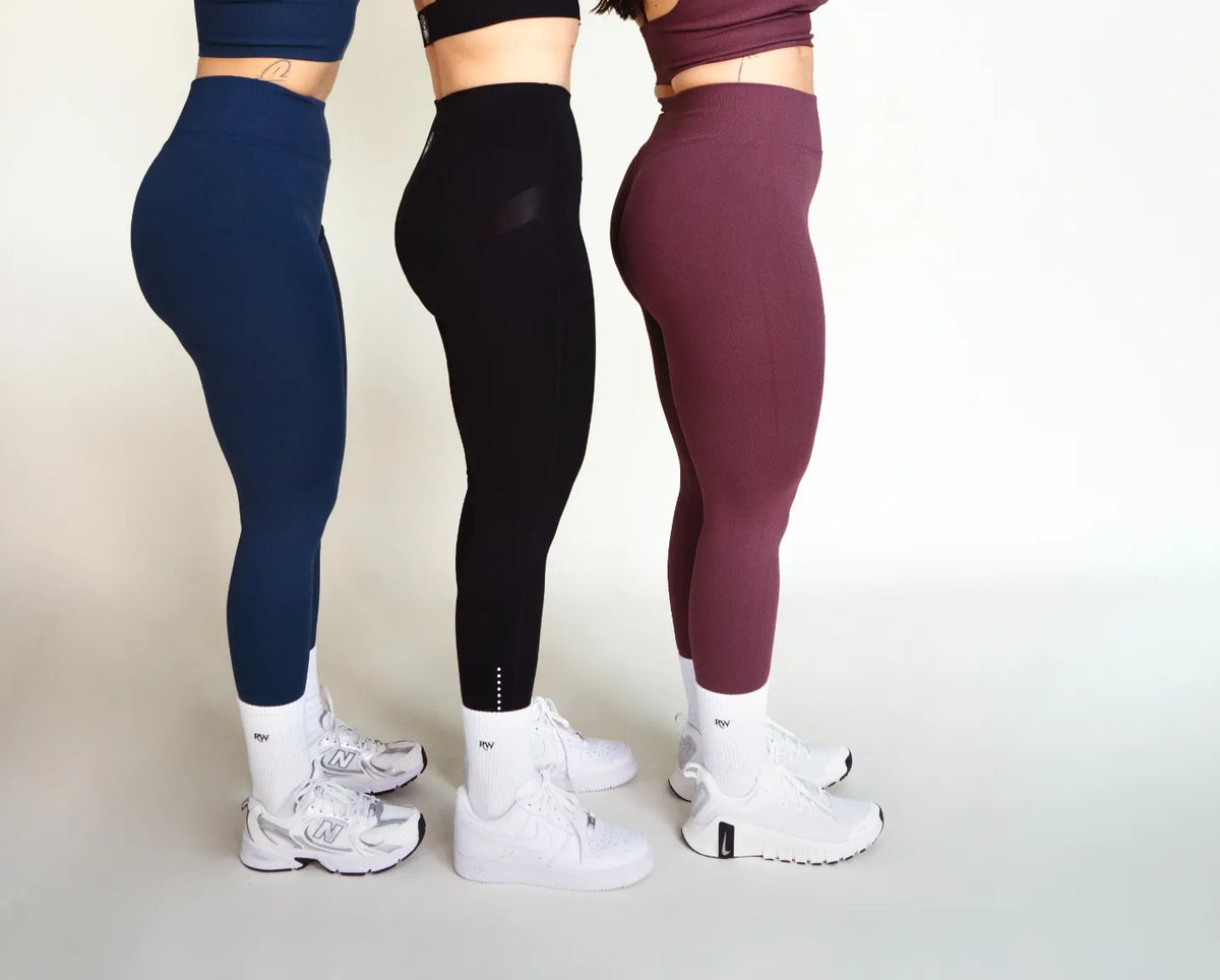 3 leggings de sport pour femme, bleu vert, noir et  bordeaux prune et bleu verteaux