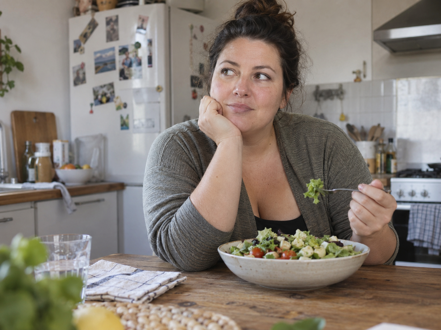 femme ronde en train de manger une salade dans sa cuisine Image